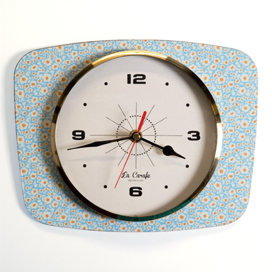 Horloge Murale Rectangulaire Cadran Beige Motif - Floral Bleu