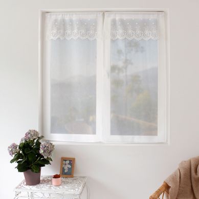 Paire De Petits Voilages Avec Top À Volant Brodé - 60x160 Cm - Blanc