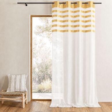 Voilage Avec Parement À Rayures Satinées - 140x250 Cm - Jaune