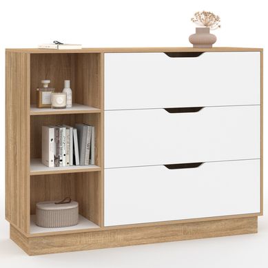 Commode 3 Tiroirs + 1 Porte TOMI 110 Cm - Bois Blanc, Hauteur 80 Cm, Rangement Chambre/bureau