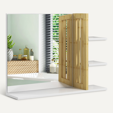 Miroir Mural Salle De Bain - étagères - Mdf Bambou Verni