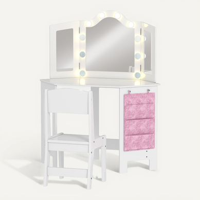 Coiffeuse Fille Avec Miroir LED Et Tabouret – AIYAPLAY, Rose, à Monter – Dimensions 88.6x38.8x96.9 Cm
