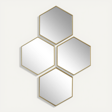 4 Miroirs Muraux Décoratifs Hexagone Au Contour Doré En Polypropylène