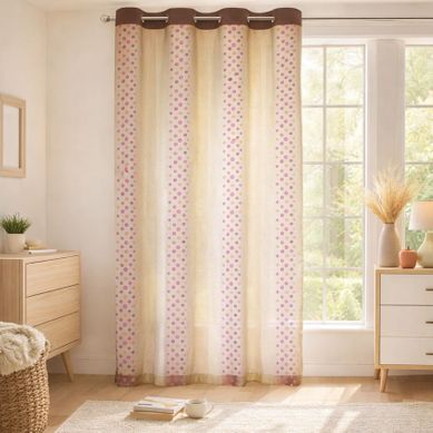 Voilage Tamisant Motif De Pois Et Rayures - 140x240 Cm - Marron Brun