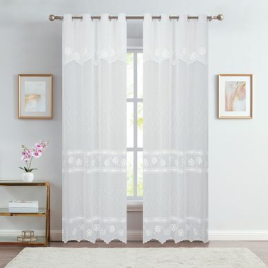 Paire Voilages Brodé Fleurs Pour Baie Vitrée - 140x240 Cm - Blanc