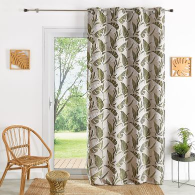 Rideau Tamisant À Oeillets Motif Feuilles - 140x260 Cm - Kaki