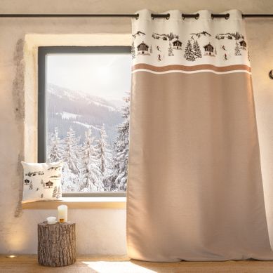 Rideau Jacquard À Oeillets Avec Motif Chalets Et Sapins - 140x260 Cm - Beige