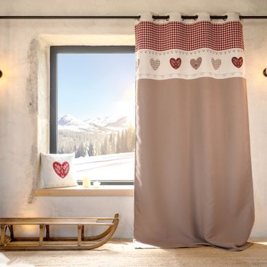 Rideau Jacquard À Oeillets Avec Haut Vichy Et Motifs Cœurs - 140x260 Cm - Taupe