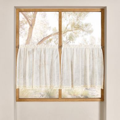 Brise-bise En Poly-lin Avec Dentelle Et Double Passe-tringle - 120x60 Cm - Lin