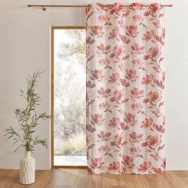 Voilage Poly-lin Imprimé À Motif Floral Avec Oeillets - 140x240 Cm - Bordeaux