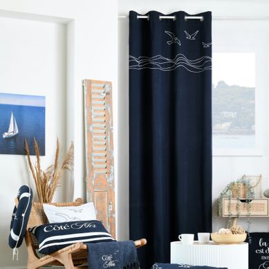 Rideau Tamisant Polycoton À Oeillets Motif Bord De Mer - 140x260 Cm - Bleu Marine