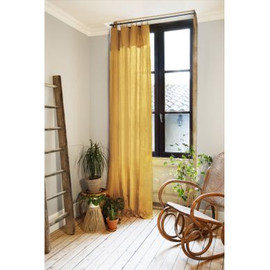 Lot De 2 Rideaux Ajustable + 8 Anneaux Pince "gaîa" "gaze De Coton" - Jaune - 140x300 Cm