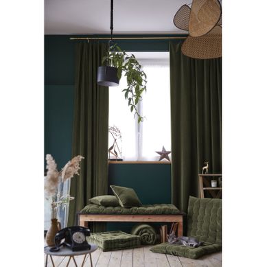 Lot De 2 Rideaux Ajustables + 8 Anneaux Pince "césar" Velours De Coton - Vert - 140x270 Cm