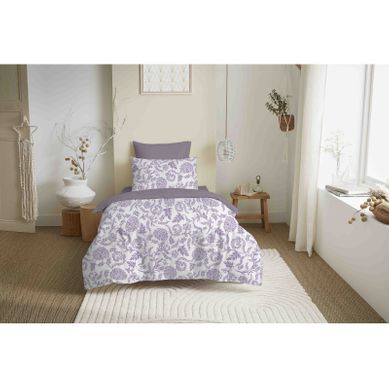 HOUSSE DE COUETTE PERCALE FLEURS AU TRAIT ÉCRU / VIOLET : Housse de couette