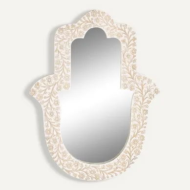 Miroir Mural Hamsa Blanc En Bois De Manguier Sculpté Style Indien