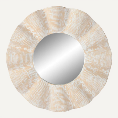 Miroir Rond Sculpté Teck Blanc Effet Décapé Style Naturel