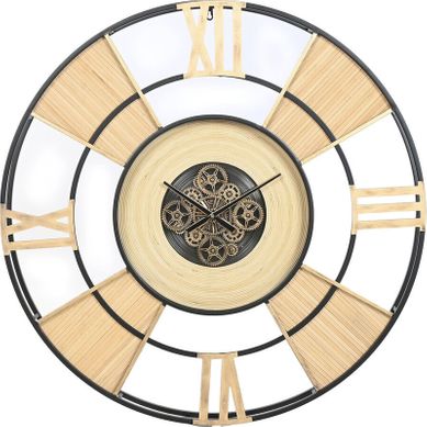 Horloge Murale Métal Et Rotin Style Loft Naturel Et Noir