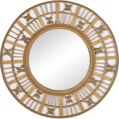 Miroir Décoratif Mural Bois Naturel Motifs Symboliques