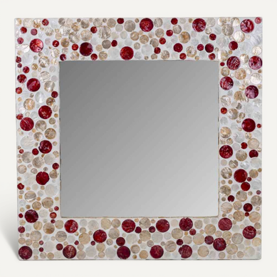 Miroir Carré En Bois Finition Capiz Touches Rouges Et Crème