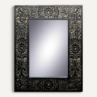Miroir Mural Rectangulaire Colonial Noir Et Doré En Métal