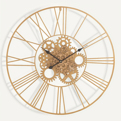 Horloge Murale Dorée Chiffres Romains Engrenages Métal Design