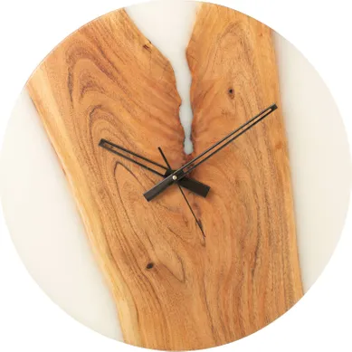 Horloge Murale Moderne Bois D'acacia Et Résine Blanche élégante