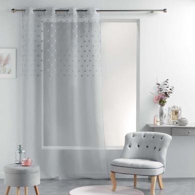 Rideau Voile A Oeillets 140 X 240 Cm Voile Sablé Pompons Melusine Gris