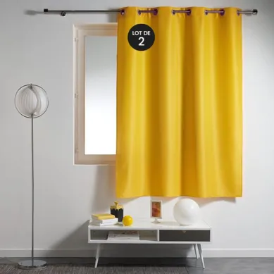Lot De 2 Rideaux Spécial Petites Fenêtres À Oeillets 140 X 180 Cm – Uni Jaune – Essentiel