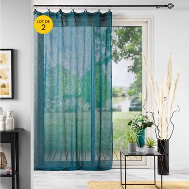 Lot De 2 Voilages À Anneaux 140 X 240 Cm Voile Tissé Linka Bleu