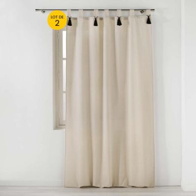 Lot De 2 Rideaux Tamisant A Passants + Pompons 140 X 240 Cm Polycoton Cyrine Beige
