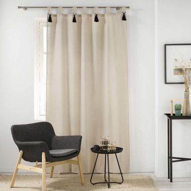 Rideau Tamisant 140 X 240 Cm En Polycoton + Pompons Cyrine Beige