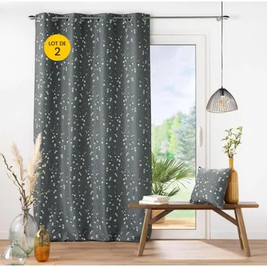 Lot De 2 Rideaux A Oeillets 140 X 260 Cm Polyester Appliqué Sakura Anthracite Lot De 2 Rideaux A Oeillets 140 X 260 Cm Polyester Appliqué Sakura Anthracite