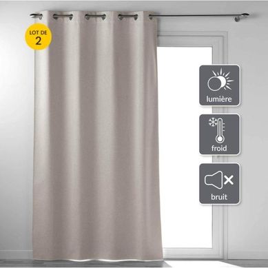 Lot De 2 Rideaux A Oeillets 135 X 260 Cm 100% Occultant Thermique Uni Occultissime Beige
