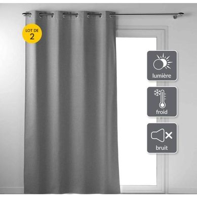Lot De 2 Rideaux A Oeillets 135 X 260 Cm 100% Occultant Thermique Uni Occultissime Gris
