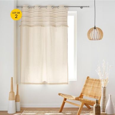 Lot De 2 Rideaux À Oeillets Petite Hauteur 140 X 180 Cm – 100 % Coton Uni + Top Tissé À Franges –