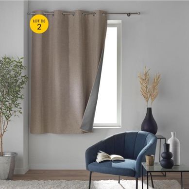 Lot De 2 Rideaux A Oeillets 140 X 180 Cm 100% Occultant Thermique Crepuscule Beige