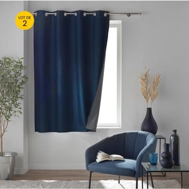 Lot De 2 Rideaux À Oeillets 140 X 180 Cm 100% Occultant Thermique - Modèle Crépuscule Bleu