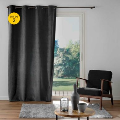 Lot De 2 Rideaux À Oeillets 140 X 260 Cm – Velours Relief Olympe Anthracite – 100 % Occultant Et