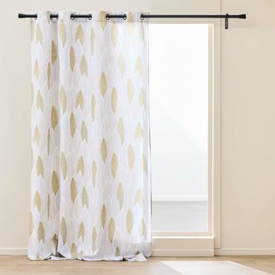 Rideau À Oeillets 140 X 260 Cm – Polyester Imprimé Motif Feuilles – Kim Blanc Or