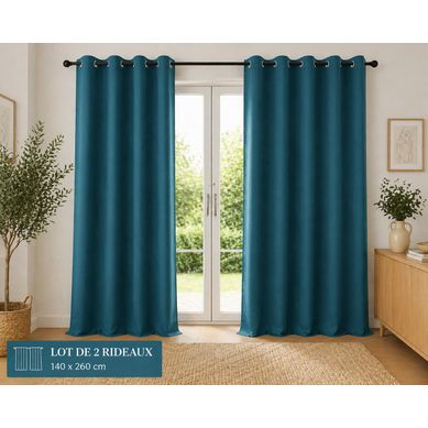Lot De 2 Rideaux 100% Coton Prélavé 140 X 260 Cm – Kala Bleu Paon