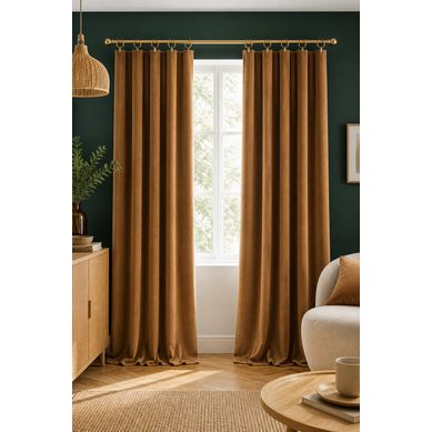 Lot De 2 Rideaux Velours Camel 140 X 270 Cm Ajustables – Anneaux Pince – Coton épais – César