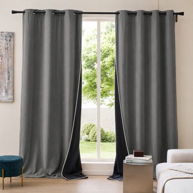 Lot De 2 Rideaux À Oeillets 140 X 260 Cm Velours Côtelé / Polaire Thermique Anthracite