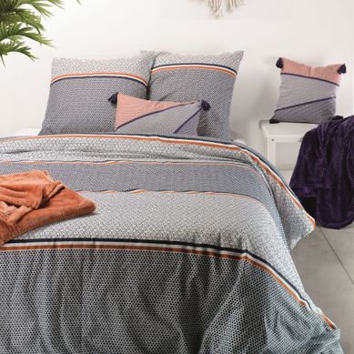 Housse De Couette 200x200 Cm + 2 Taies - Tissu Polycoton Doux, Motif Bois Orange/gris, Lavable Facile - 3