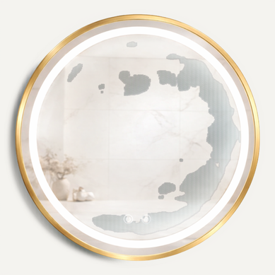 Miroir LED Rond - 60 X 60 Cm - Double Éclairage LED Façade Et Arrière - Doré Brossé - Célina Miroir LED Rond - 60 X 60 Cm - Double Éclairage LED Façade Et Arrière - Doré Brossé - Célina