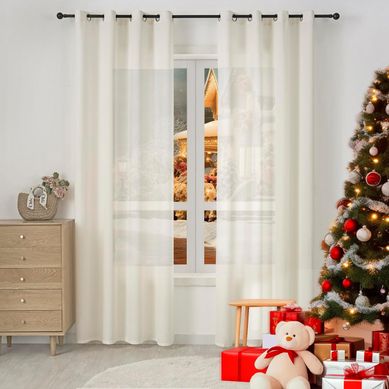 2 Pièce Rideau De Noël En Lin Souple Translucide,voilage De Fenêtre Avec Oeillets,135x245cm,crème