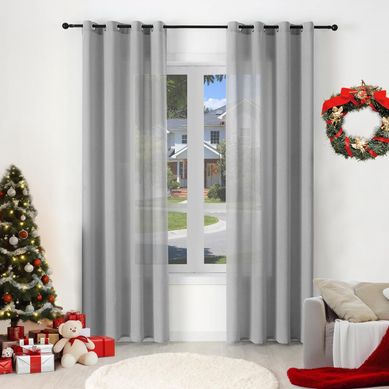 2 Pièce Rideau De Noël Translucide En Effet Lin,décoration De Fenêtre Avec Fronces,135x225cm,gris