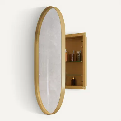 Miroir Avec Armoire De Rangemenr Salle De Bain, Cadre Métal Doré, étagères Réglables