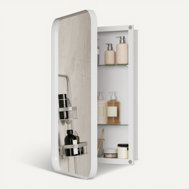 Miroir Avec Rangement Salle De Bain Blanche, Cadre Métal, Armoire Cachée, étagères Réglables