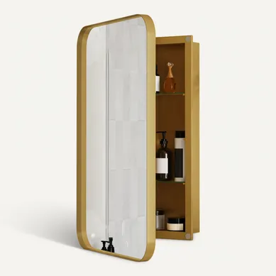 Miroir Avec Rangement Salle De Bain Dorée, Cadre Métal, Armoire Cachée, étagères Réglables