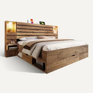 Lit 160 x 200 avec Sommier Métal, Lit 2 Place LED et Multiprise (3 Ports USB et 1 Type-C), Cadre de Lit avec Panneau Perforé, 2 Étagères et Rangement sous Lit, Lits